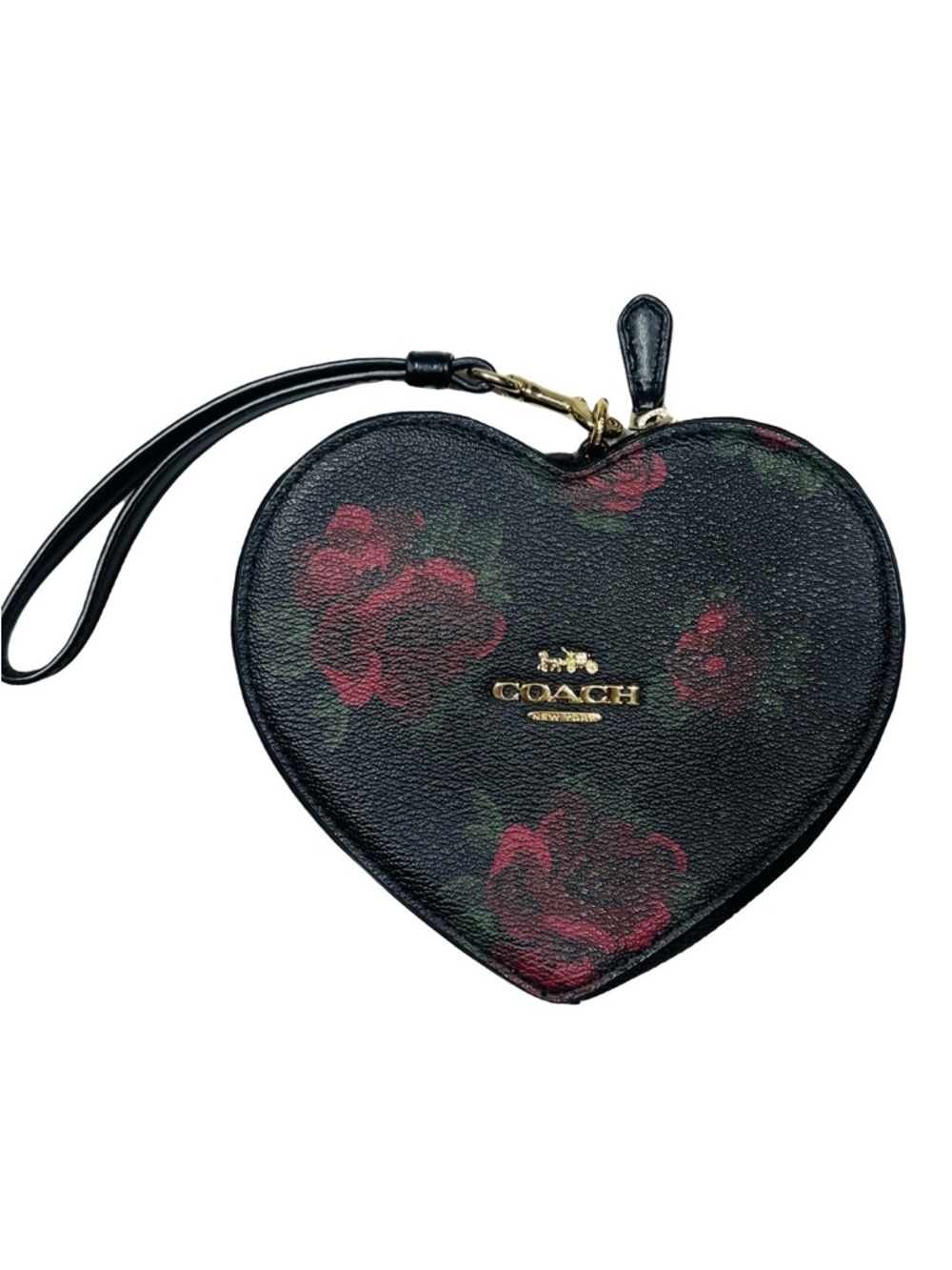 Coach Heart-Shaped Wristlet in Black with Red Rose Print